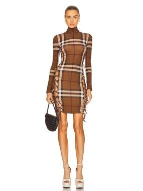 Burberry Licia Check Stretch Jersey Lattice Cut Out Dress in Dark Birch Brown